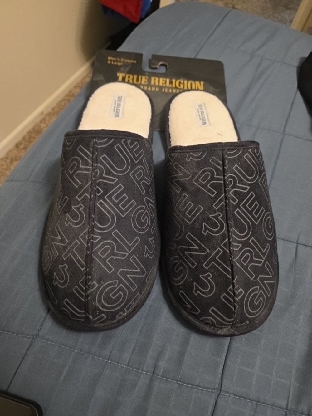True Religion Black Logo-Print Plush Slip-Ons